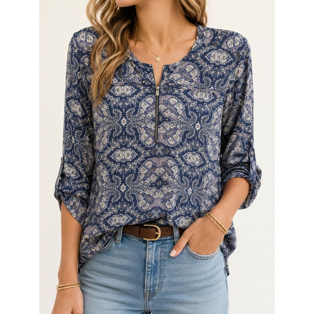 Maurices Blue Paisley Zip Front Blouse XL Boho Peasant Top Roll Tab Sleeve